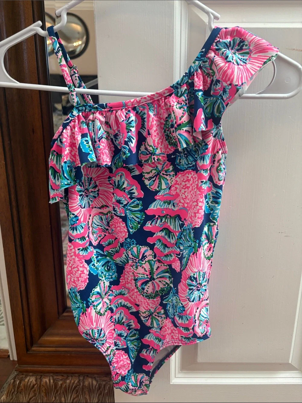 Lilly Pulitzer Girls One-Shoulder Ruffle Swimsuit in Navy, Pink & Teal